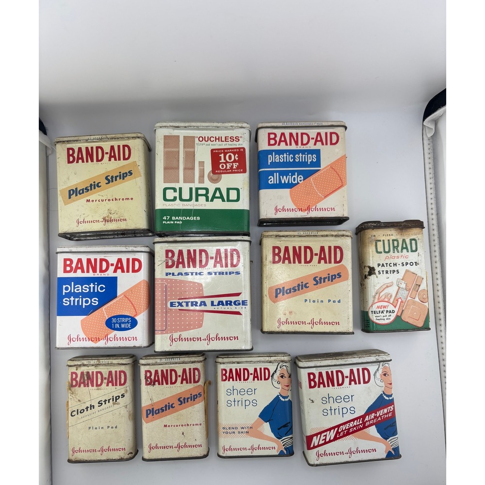 Vintage Band-Aid Curad Tin Lot 11pc Johnson & Johnson Medical Advertising Decor